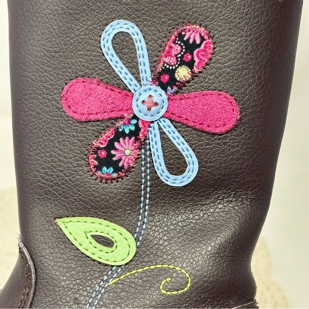 Pediped Kenadi Boot Brown Leather Floral Appliqué Rubber Soles Toddler Girl 10